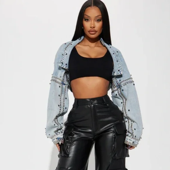Fashion Nova Hollywood Studded Denim Jacket - Light Blue Wash - Picture 5 of 6